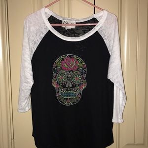 Candy Skull Black Burnout Baseball Tee Size XL